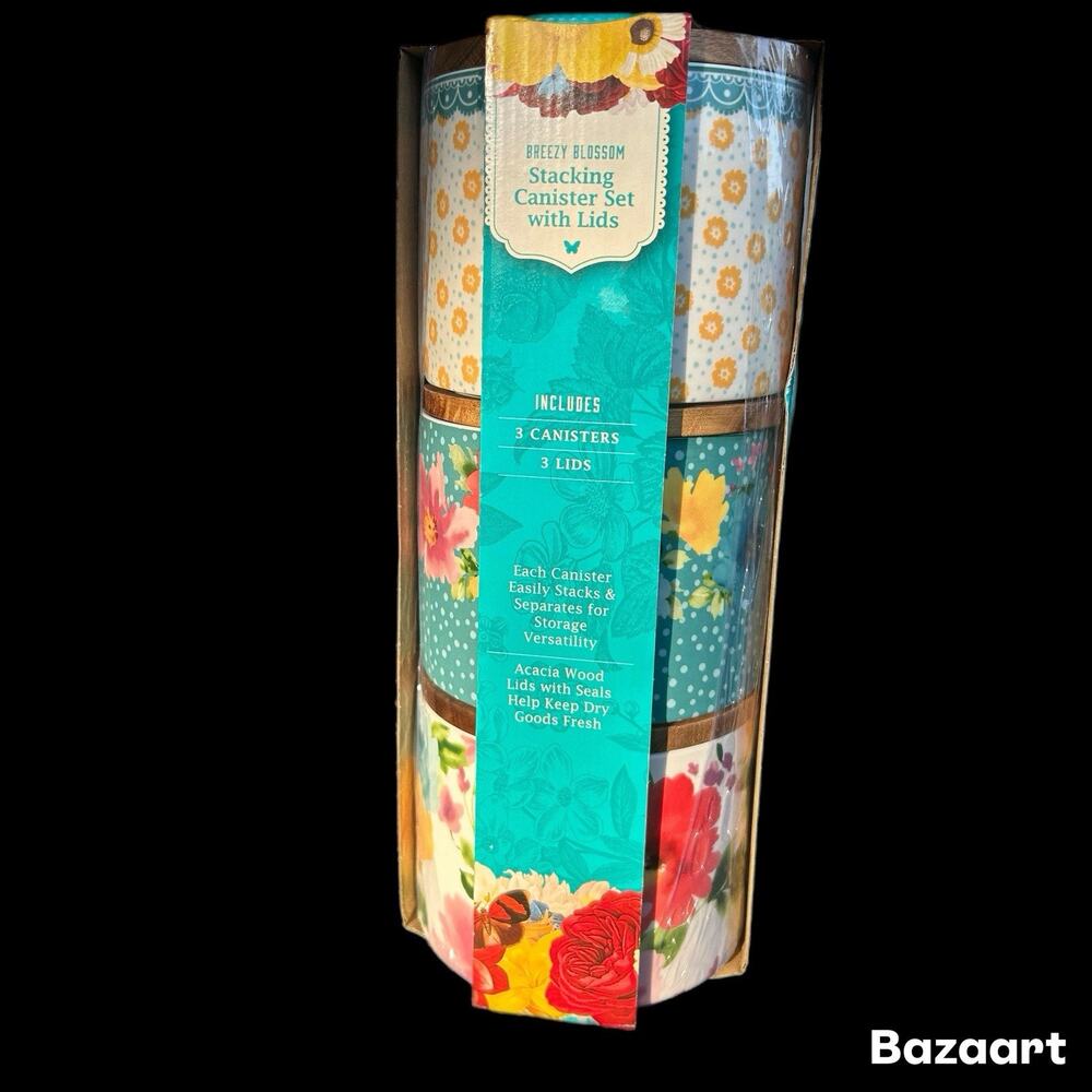 NEW Pioneer Woman Stackable 3-Piece Stoneware China Canister Set Floral Medley